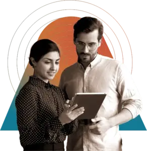 man and woman discussing work