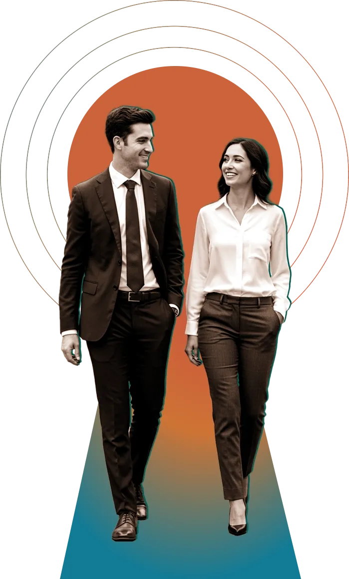 man and woman strolling in conversation