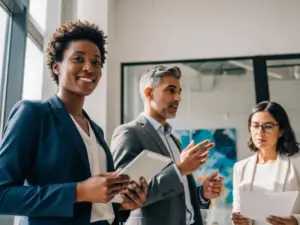 three people in discussion