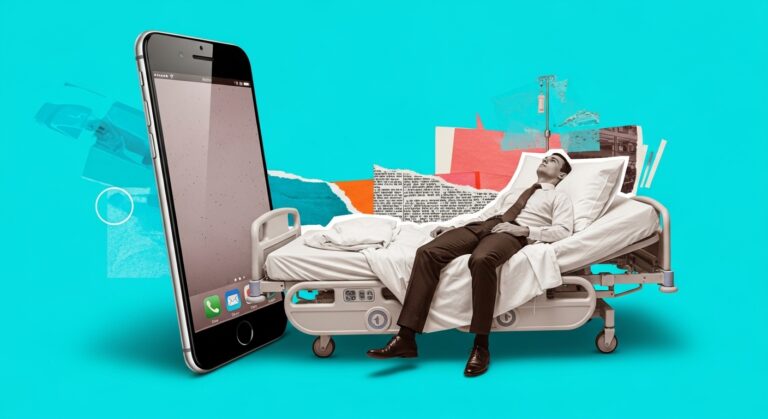 Employee in hospital with smartphone