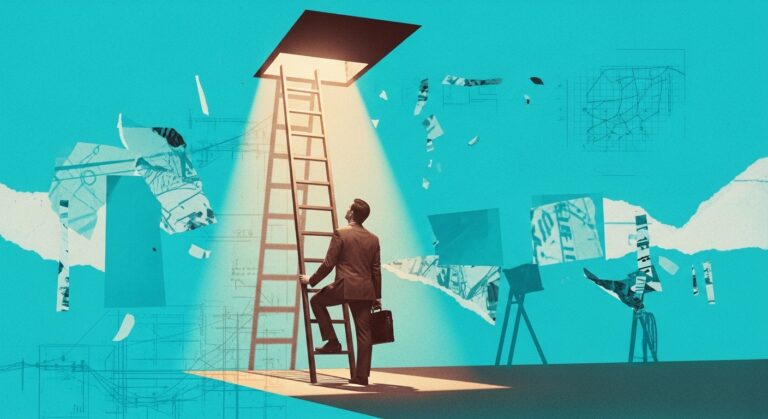 Man climbing ladder towards bright opening