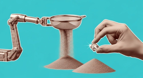 Robot sifting sand with coin