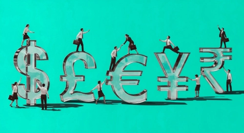 People interacting with currency symbols