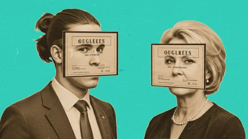 Two professionals against a bright background.